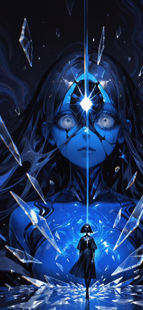 A close-up digital illustration of a girl with blue skin and large, glowing white... Apple iPhone 13 background images hd