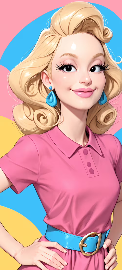 A digital illustration of a cheerful young woman with curly blonde hair. She wears... Vivo X51 5G lock screen wallpaper