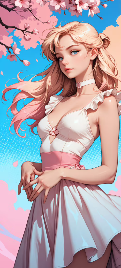 A young woman with long blonde and pink hair and blue eyes, wearing a light blue... Huawei P40 Pro download free wallpaper for phone