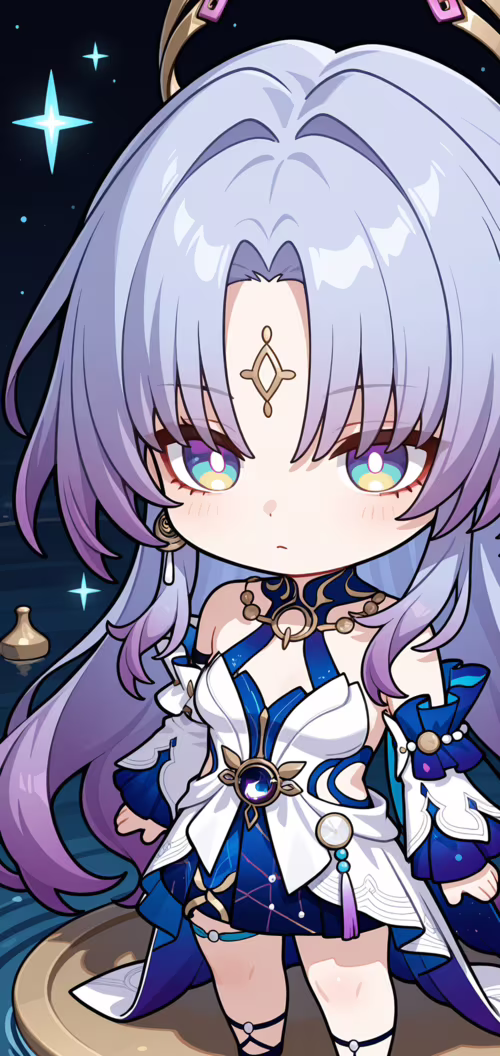 A cute chibi drawing of Fu Xuan from Honkai: Star Rail. She has long pink hair, a... Nokia 7 dot 2 download free wallpaper for phone