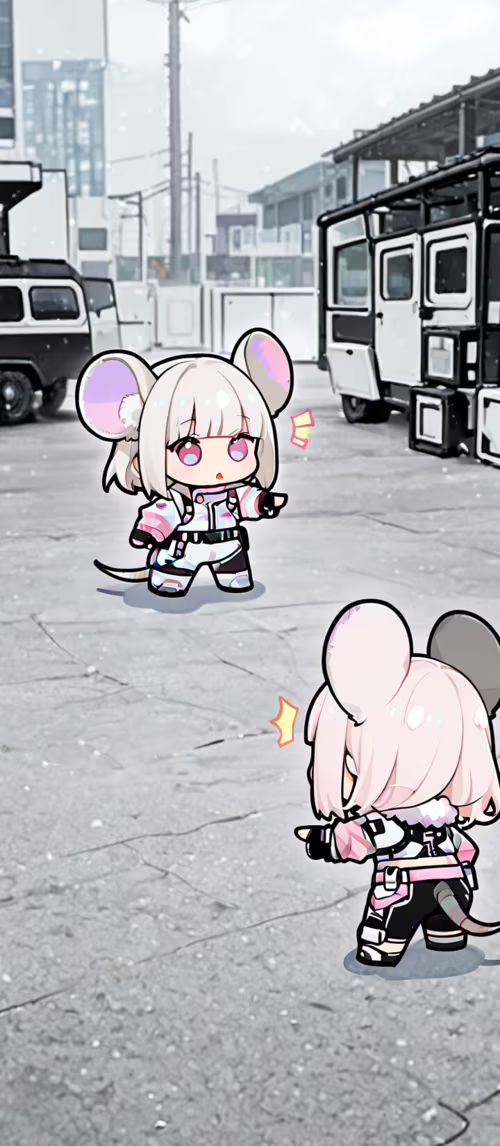 Three identical chibi anime girls with white hair and large mouse ears, dressed in...