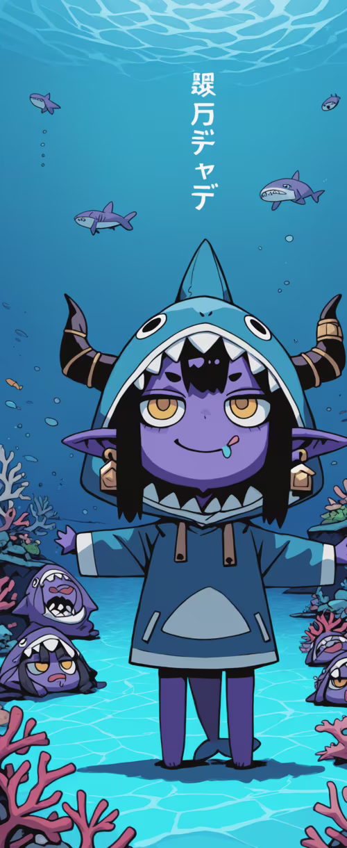 A purple-skinned chibi demon girl with horns and yellow eyes wearing a blue shark... Samsung Galaxy Z Flip pictures for wallpaper