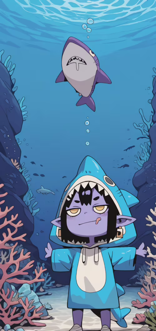 A purple-skinned chibi demon girl with horns and yellow eyes wearing a blue shark... Oppo A12e download free wallpaper for phone