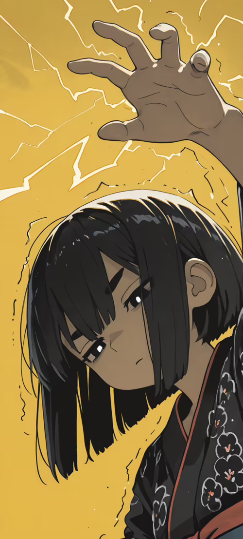 An anime girl with a black bob haircut and a somber expression, wearing a black floral...