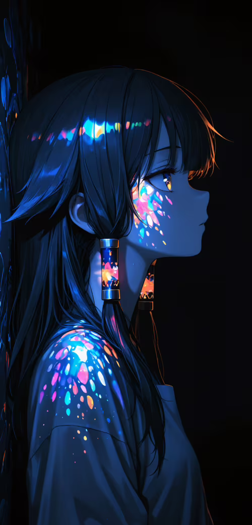 An anime girl with long dark hair shown in a side profile. She has colorful, glowing...