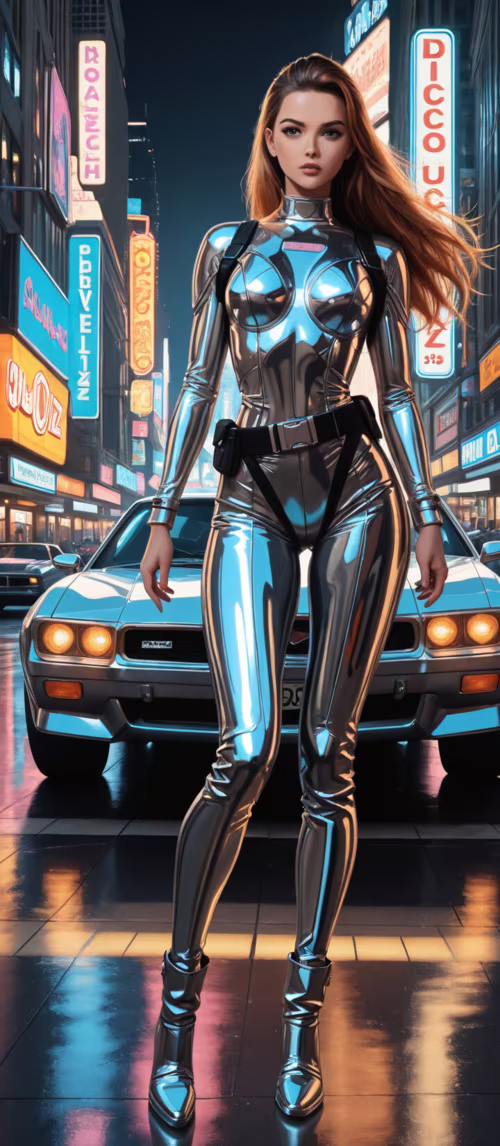 Full-length illustration of a woman in a futuristic black and chrome combat suit...