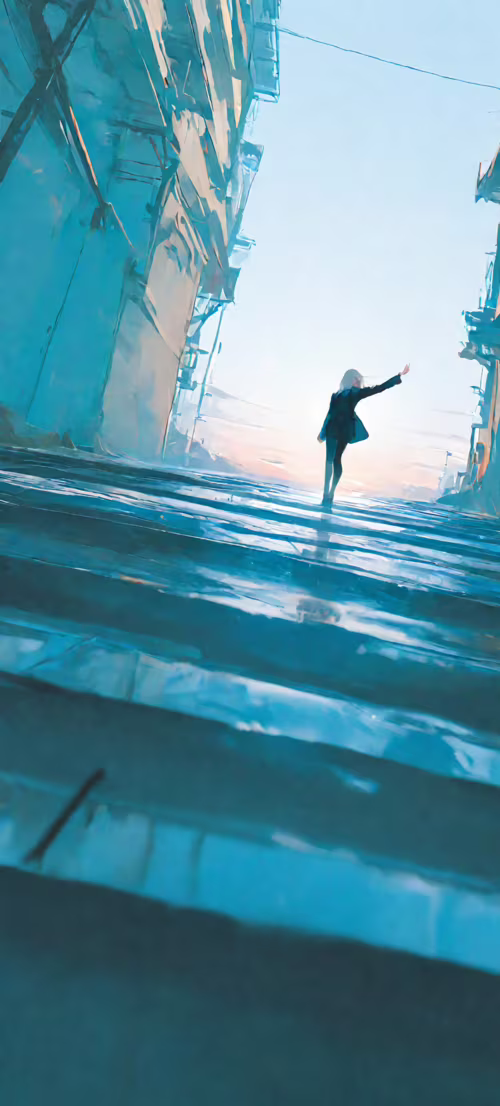 A low-angle digital painting of a woman with long white hair, identified as Cibo...