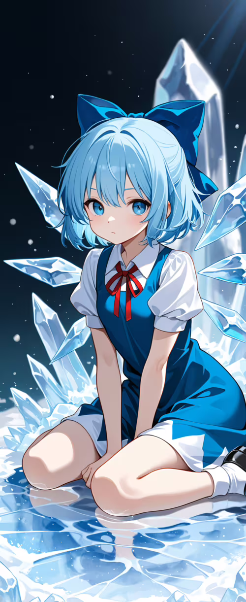 An anime girl with short blue hair and a large blue bow, identified as Cirno from... Samsung Galaxy Z Flip6 wallpaper download