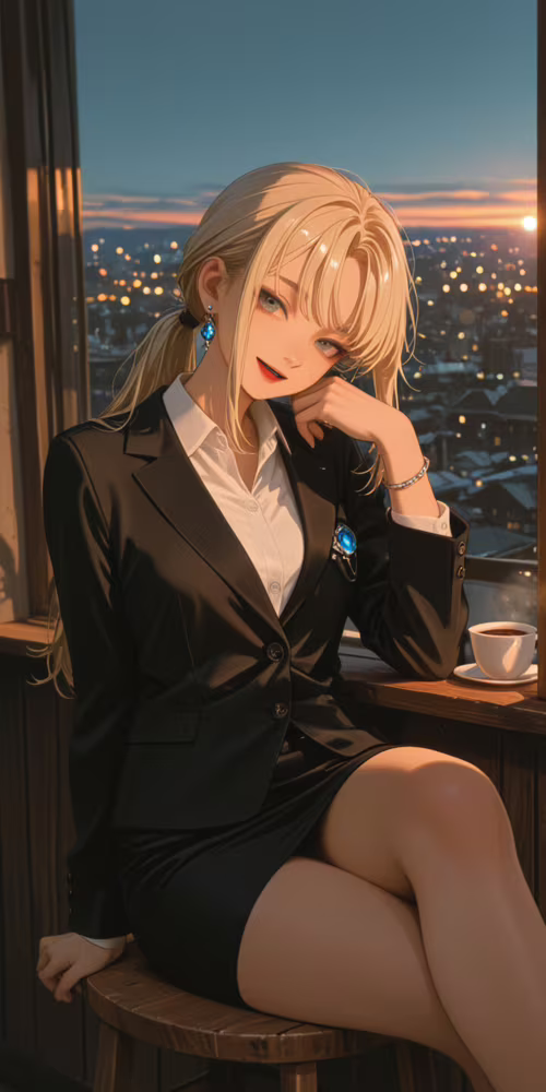 An anime illustration of a stylish blonde woman in a black business suit sitting... Doogee S55 wallpaper photo gallery download
