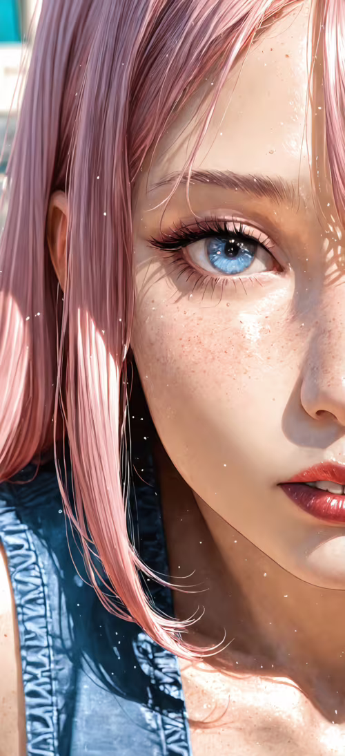 A close-up digital illustration of a woman's face with detailed eyes, glossy metallic...