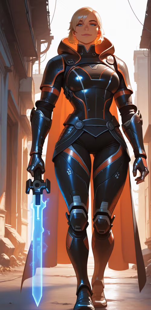 A digital painting of a blonde woman, Commander Shepard, in black futuristic armor... Samsung Galaxy A01 Core download free wallpaper for phone