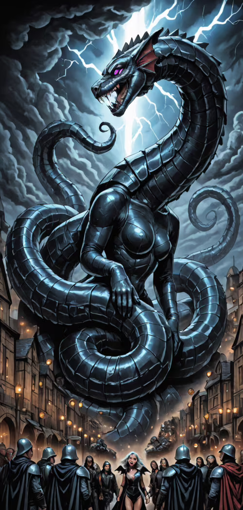 A giant, black-scaled monster with multiple curly tails and glowing purple eyes stands... Cubot Max 2 high definition wallpaper