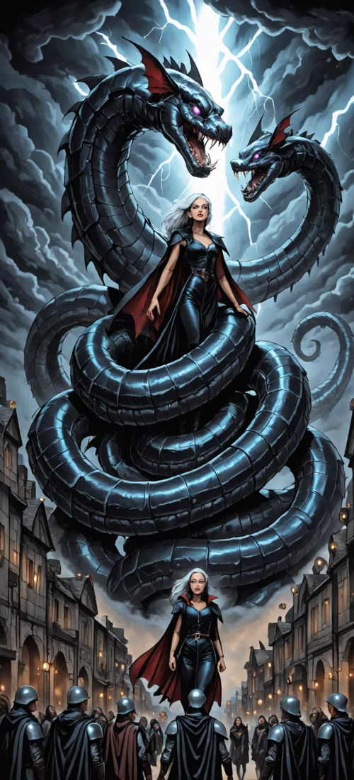 A giant, black-scaled monster with multiple curly tails and glowing purple eyes stands... Huawei Mate 40 background images hd