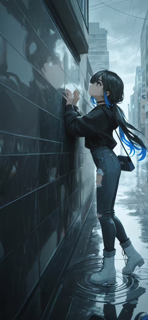An anime girl with short black hair and blue highlights leans against a wall in a... Huawei Nova 3