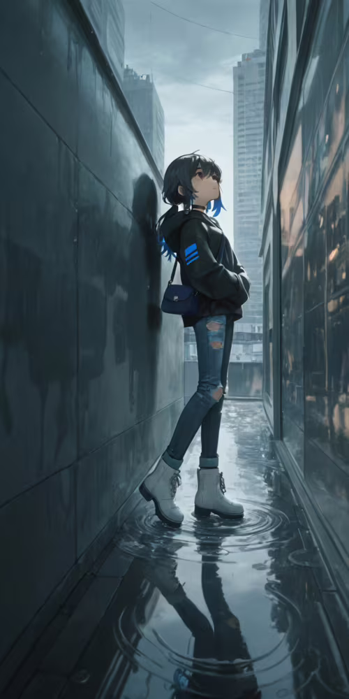 An anime girl with short black hair and blue highlights leans against a wall in a... Doogee S55 free hd wallpapers