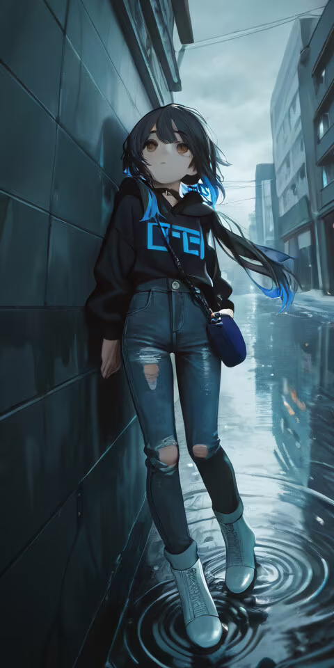 An anime girl with short black hair and blue highlights leans against a wall in a... Nokia C1 mobile wallpaper