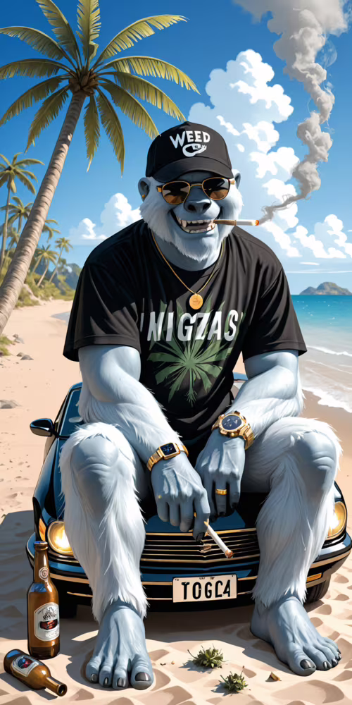 A white yeti wearing a black shirt, cap, sunglasses, and gold jewelry sits cross-legged... Cubot Note 7 wallpapers for android
