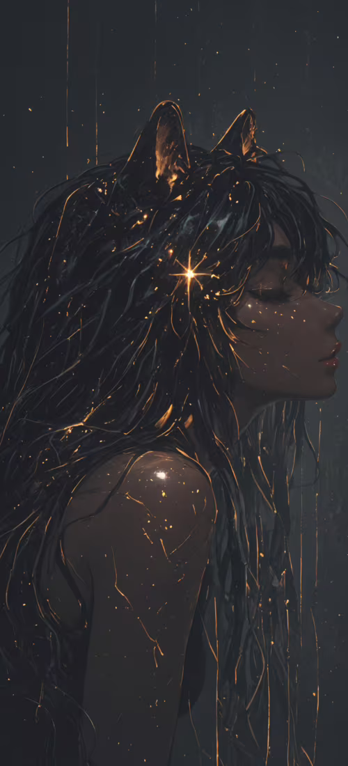 A digital painting of a serene young woman with long black hair and black cat ears,... Huawei P40 Pro free background images