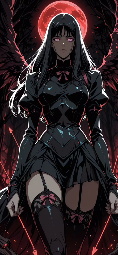 An anime-style illustration of a woman with long black hair, glowing purple eyes,... Honor 70 Pro plus mobile wallpaper