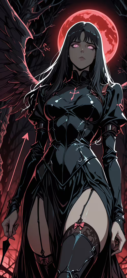 An anime-style illustration of a woman with long black hair, glowing purple eyes,...