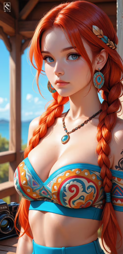 A digital portrait of a young woman with long, braided red hair and piercing blue... Samsung Galaxy J4 Core download free phone wallpaper