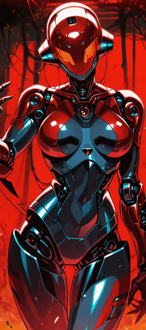 A full-body portrait of a red female robot with glowing orange eyes and a sinister... Tecno Camon 30 Pro download free wallpaper for phone