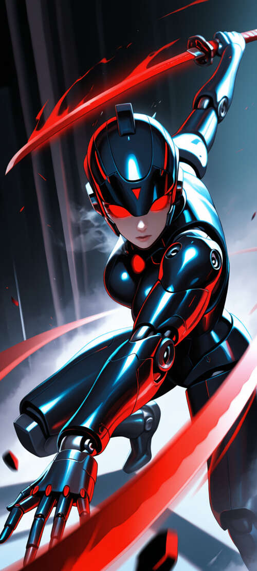 An anime-style female cyborg in dark futuristic armor with glowing red eyes and accents,... Honor 200 Pro hand phone wallpaper