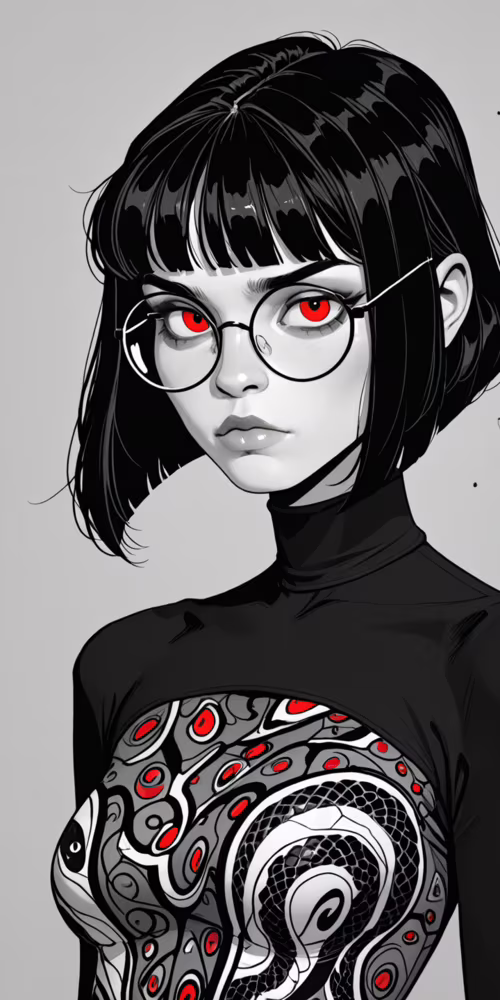 A graphic art portrait of a woman with a short black bob, round glasses, and intense... Doogee S55 mobile wallpaper