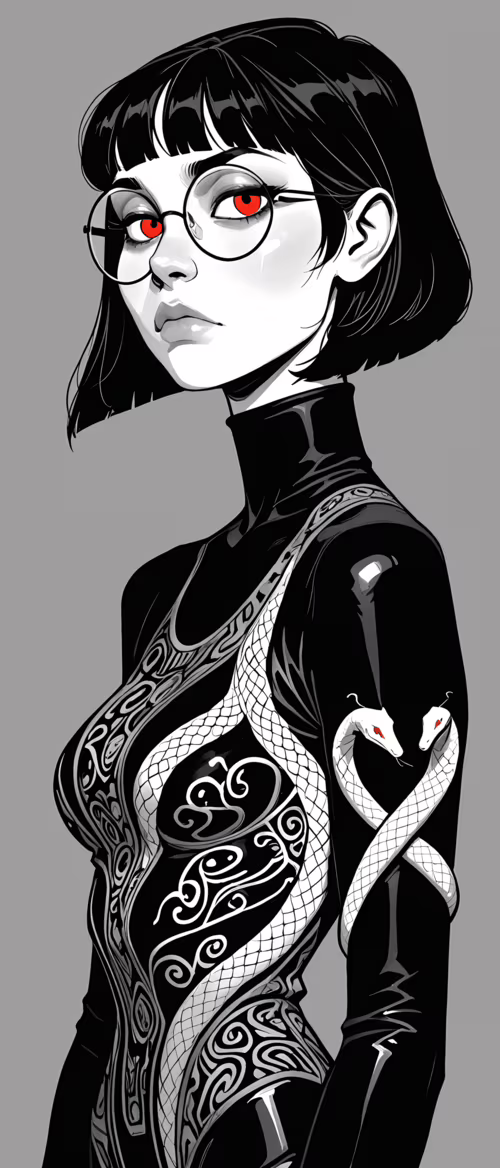 A graphic art portrait of a woman with a short black bob, round glasses, and intense...