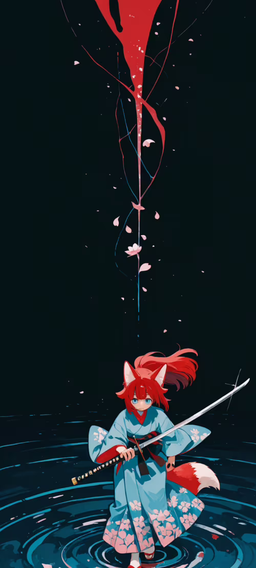 An anime-style illustration of a red-haired fox girl in a blue kimono, standing in... Honor X9 background images hd