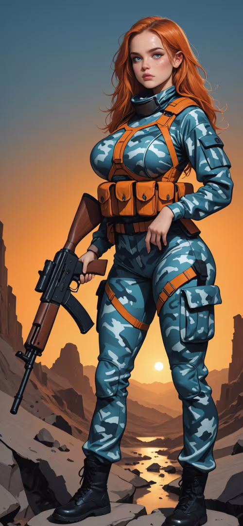 A full-body illustration of a female soldier with long red hair and blue eyes, wearing... Apple iPhone 13 free wallpaper