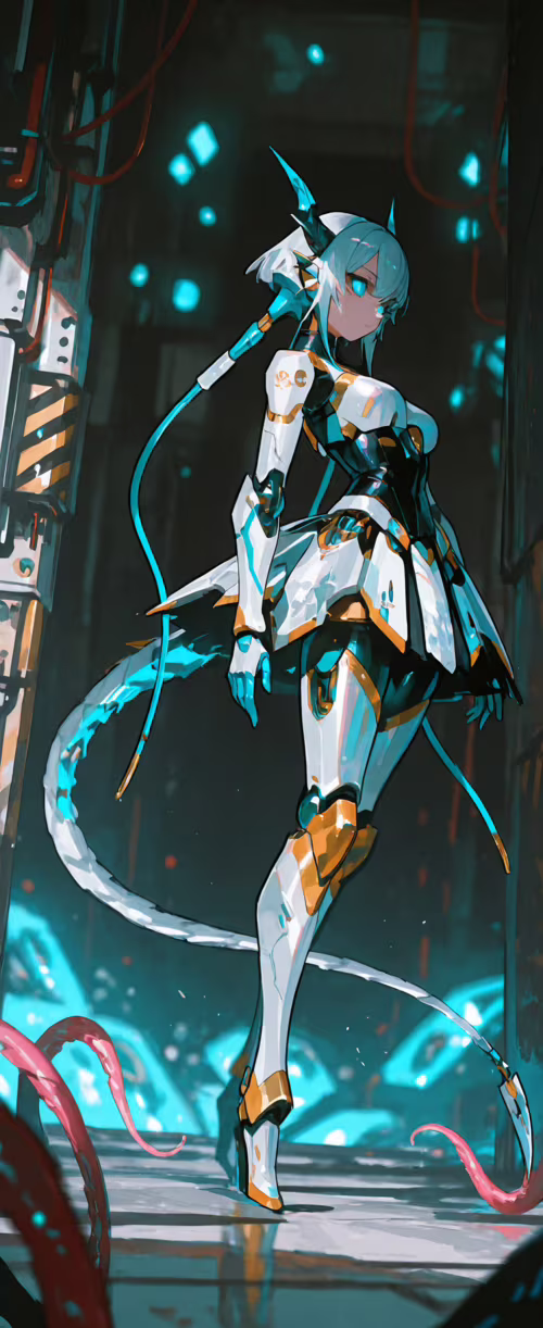 A white-haired anime girl in a red and black cybernetic suit with horns, a mechanical... Samsung Galaxy Z Flip6 wallpaper images