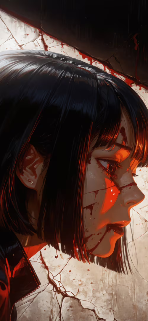 A close-up profile portrait of a young woman with a black bob and blood running down... Apple iPhone 16 Plus lock screen wallpaper