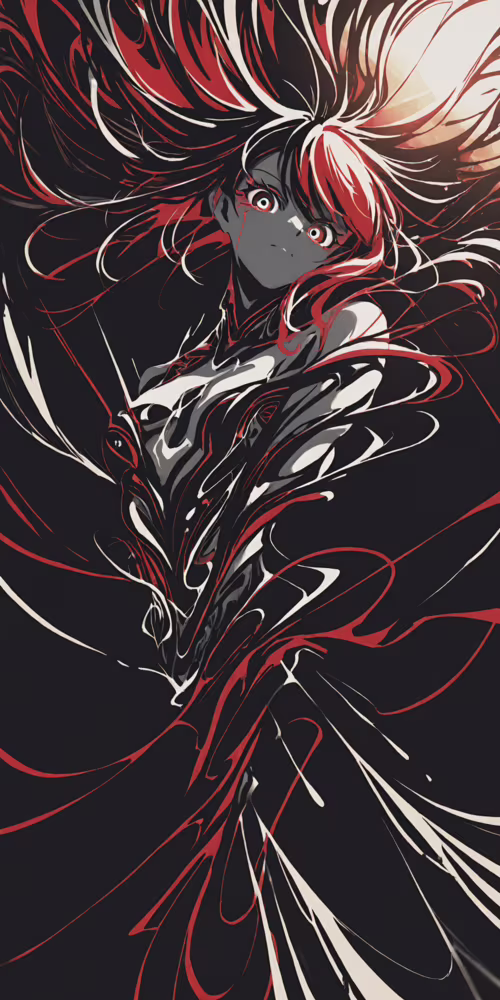 A high-contrast, abstract anime-style illustration of a woman with dark hair, a large... Cubot Note 7