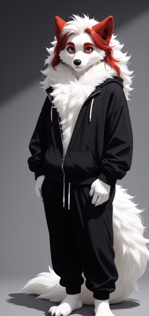 An anthropomorphic white wolf with blue eyes and a fluffy tail, wearing a green hoodie...