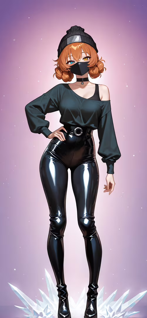 An anime-style girl with curly orange hair and bright blue eyes, wearing a black... Apple iPhone 14 Plus background images hd