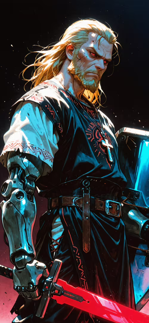 A digital illustration of a blonde-haired male warrior with a beard and glowing red... Apple iPhone 14 Plus wallpaper download