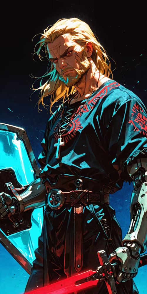 A digital illustration of a blonde-haired male warrior with a beard and glowing red...