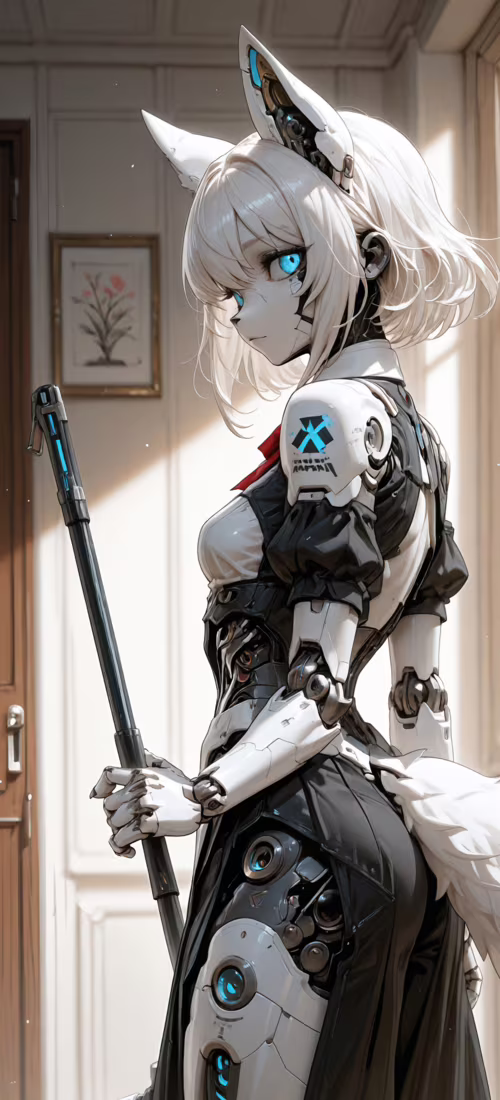 A digital illustration of a female cyborg with white hair, glowing blue eyes, and... OnePlus 12R hd background