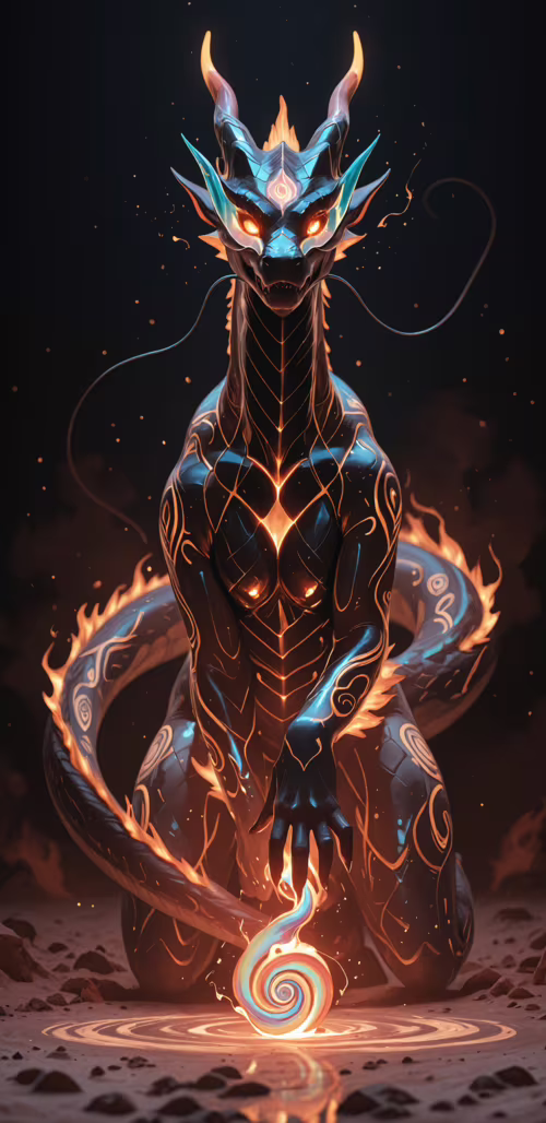 A full-body digital illustration of a sleek black dragon with glowing pink and purple...