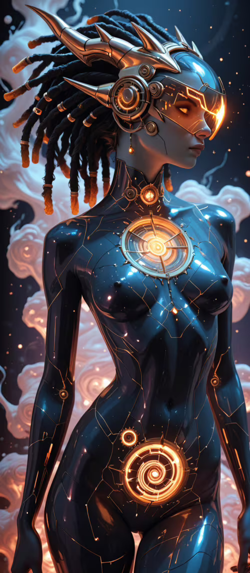 A futuristic female elf with glowing orange horns, a cybernetic visor, and black... Redmi 10C download free phone wallpaper