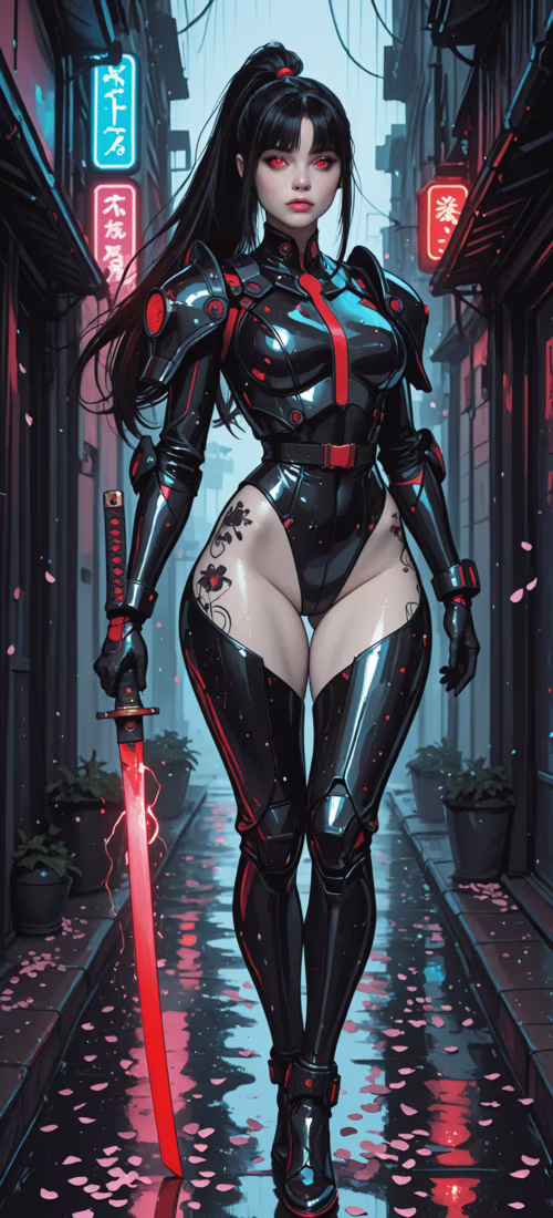 A full-body illustration of a female warrior in black cybernetic armor with red highlights,... Vivo X51 5G cell phone backgrounds free