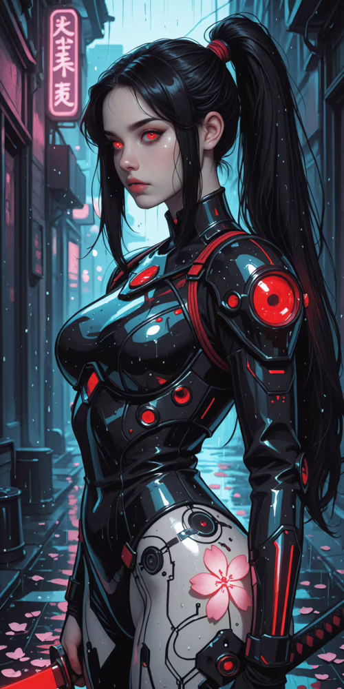 A digital illustration of a female cybernetic warrior with long black hair in a ponytail...