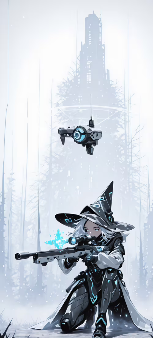 An anime-style illustration of a female cybernetic witch kneeling on a platform,... OnePlus 12R high definition wallpaper