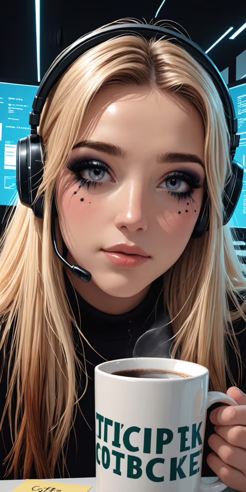 A digital painting of a young blonde woman with blue eyes wearing a glowing headset... Doogee S55 free wallpaper