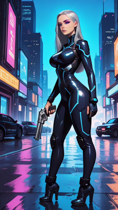 A digital illustration of a woman with long silver hair and a tight black and blue... Vodafone Smart E8 mobile wallpaper