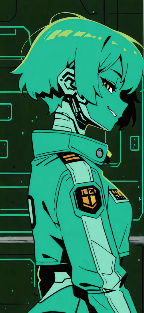 An anime-style illustration of a female cyborg with short dark hair smirking in a... Apple iPhone 15 download free wallpaper for phone