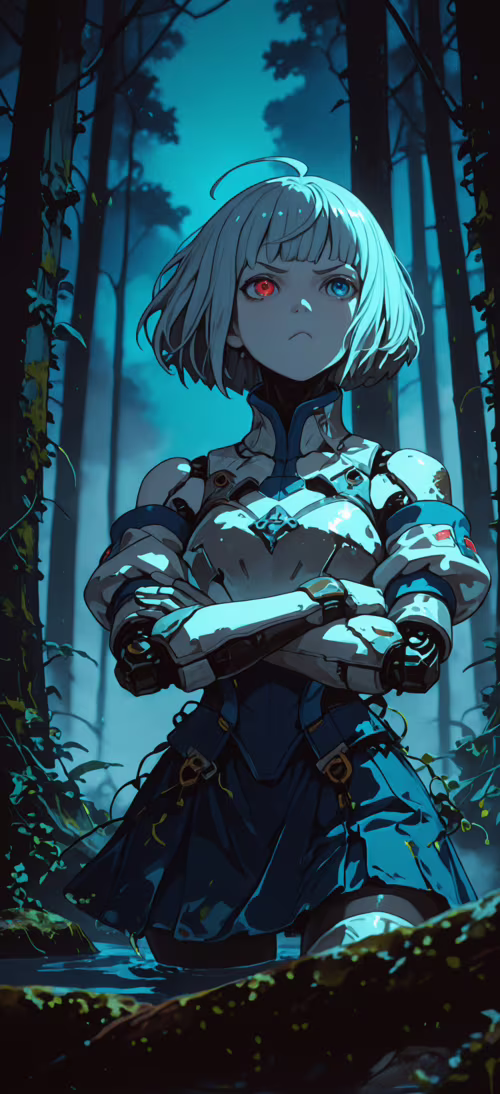 A female cyborg with short silver hair, one red eye and one blue eye, stands with...