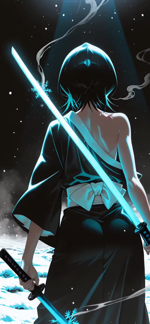 An anime illustration of Rukia Kuchiki from Bleach, seen from the back. She has short... Redmi Note 9T hand phone wallpaper