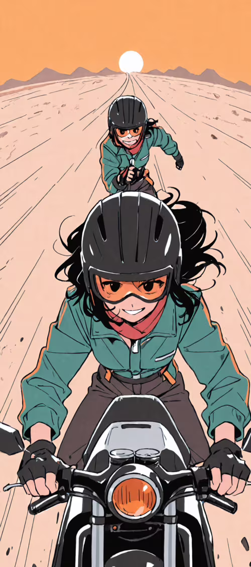 An anime girl with black hair and a determined expression rides a motorcycle through... Tecno Camon 30 Pro background images hd